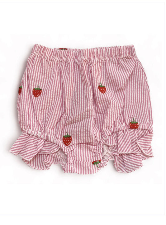 Hot Pink Seersucker Baby Bloomers with Embroidered Strawberries