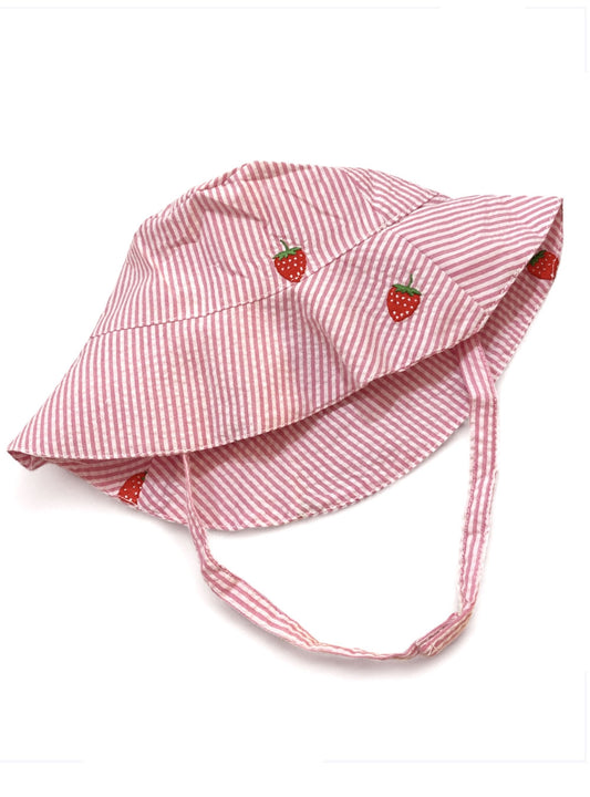 Hot Pink Seersucker with Embroidered Strawberryes Baby Bucket Hat