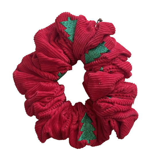 Red Corduroy Scrunchie with Green Christmas Trees