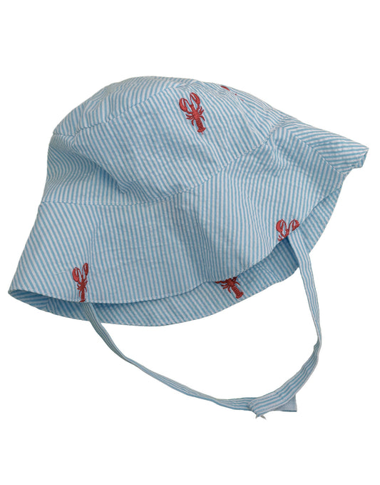 Turquoise Seersucker with Red Embroidered Lobsters Bucket Hat