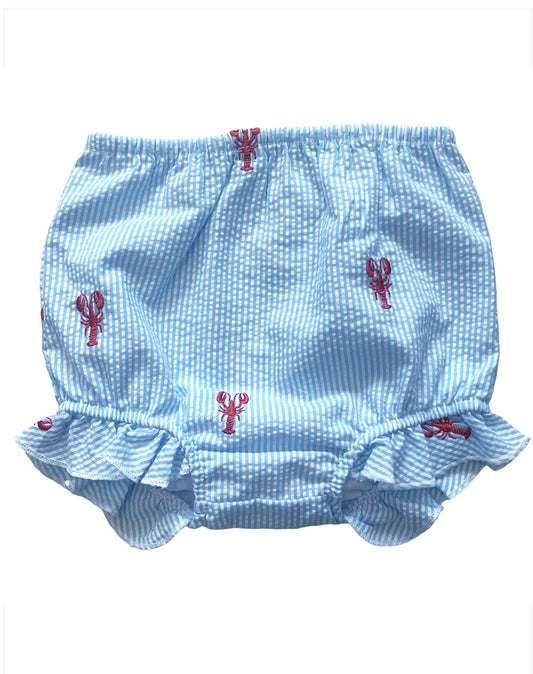 Turquoise Seersucker Baby Bloomers with Red Lobsters