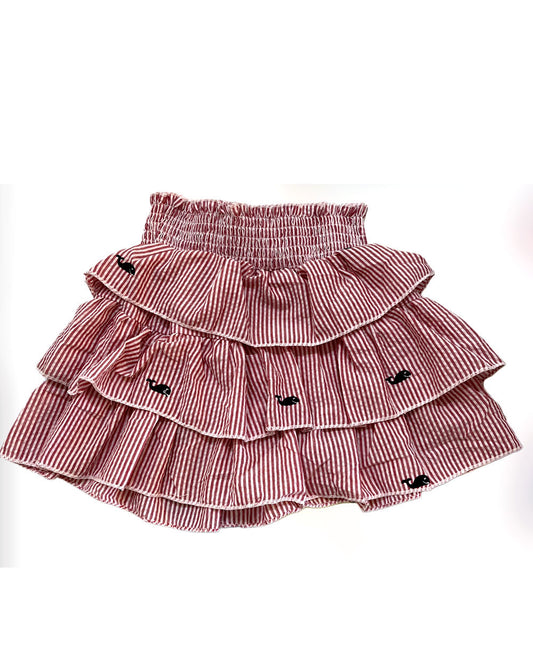 Red Tiered Seersucker Ruffled Beach Skirt with Embroidered Whales