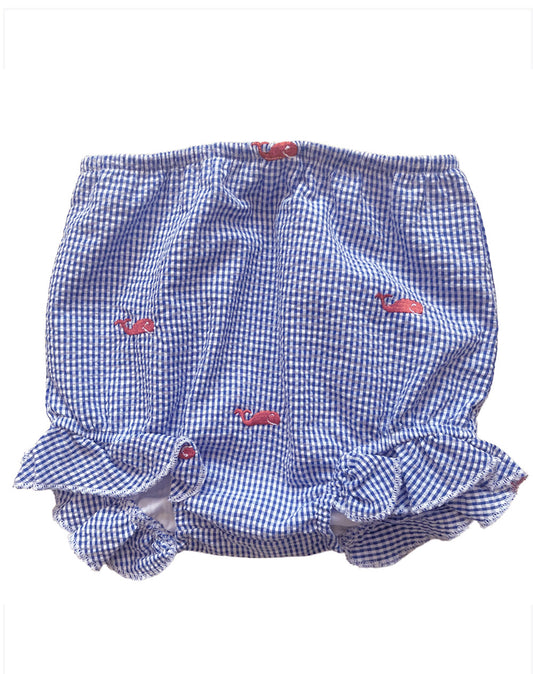 Blue Gingham Baby Bloomers with Red Whales