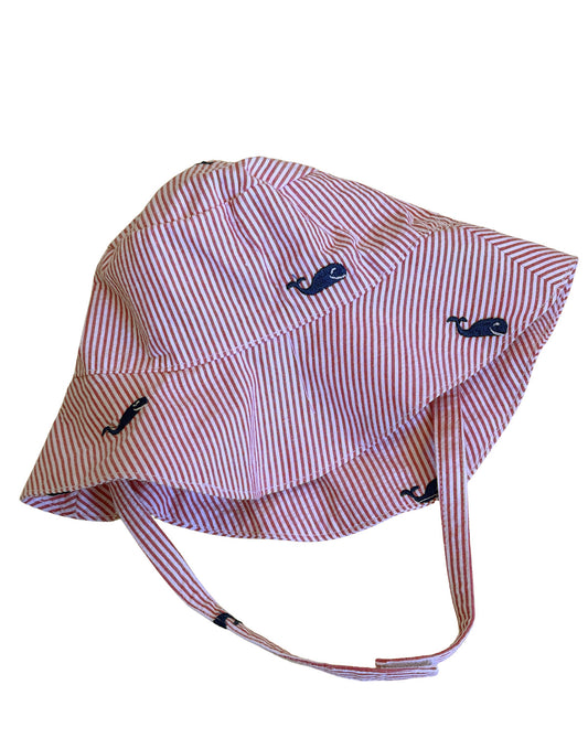 Red Seersucker with Navy Embroidered Whale Baby Bucket Hat