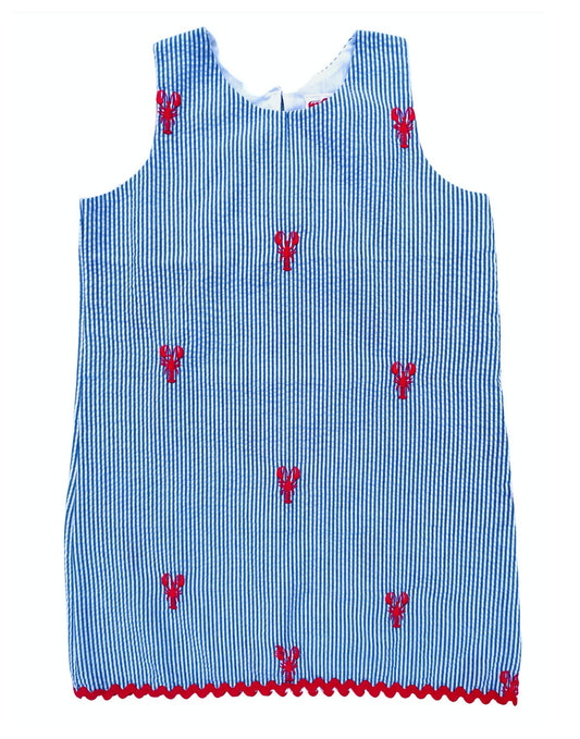 Blue Seersucker Girls Dress with Red Embroidered Lobsters