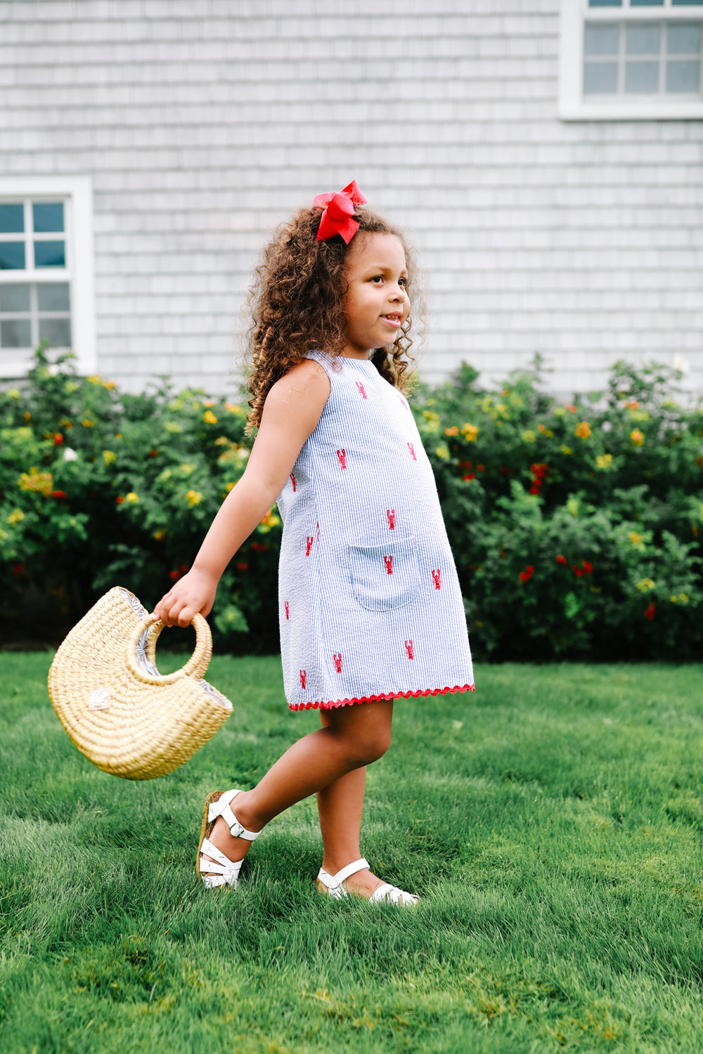 Blue Seersucker Girls Dress with Red Embroidered Lobsters 6-12 Months Blue Seersucker Girls Dress with Red Embroidered Lobsters 6-12 Months