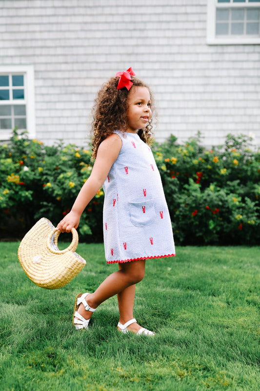 Blue Seersucker Girls Dress with Red Embroidered Lobsters