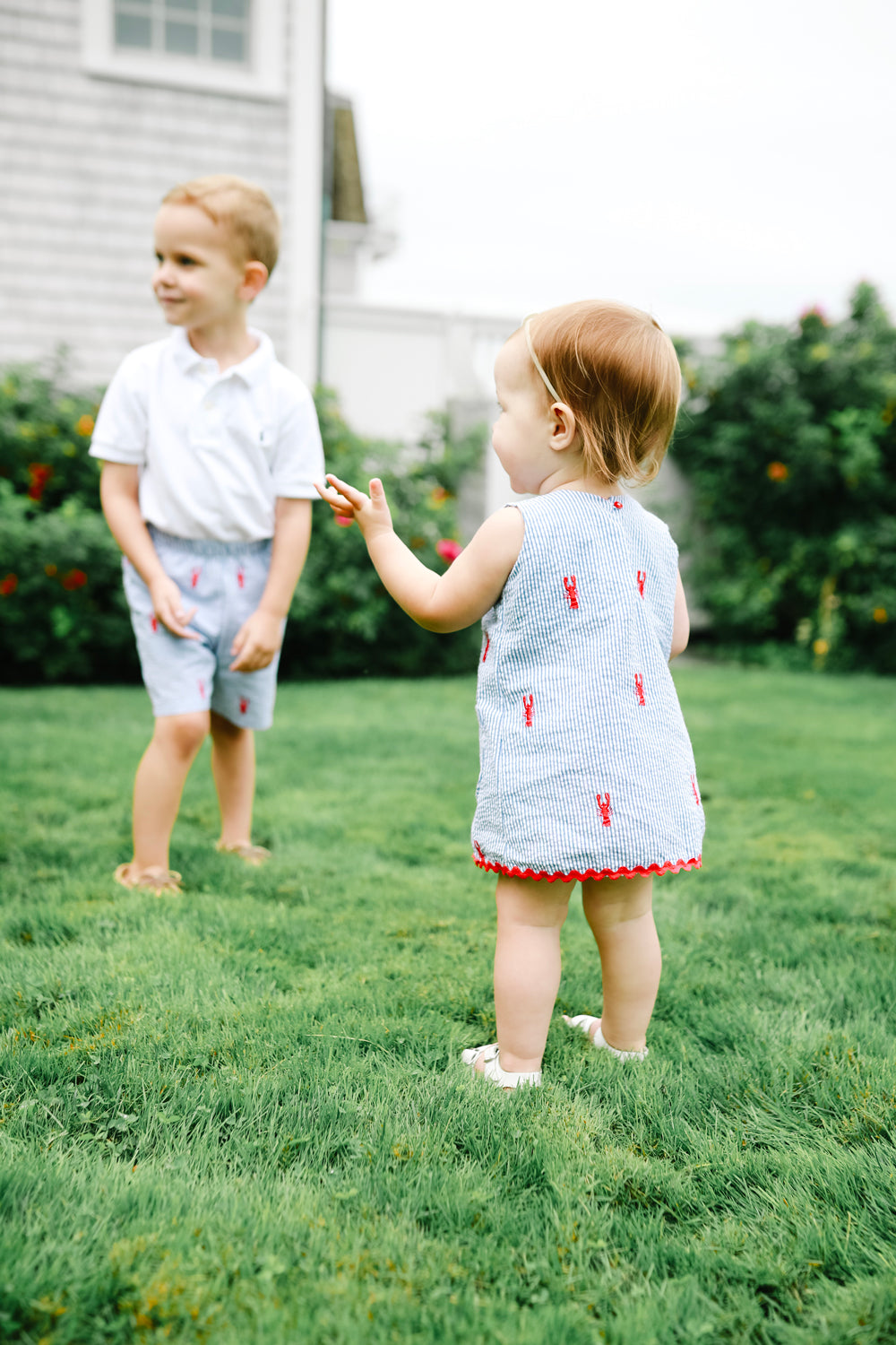 Blue Seersucker Girls Dress with Red Embroidered Lobsters
