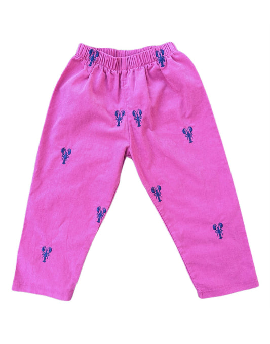 Hot Pink Corduroy Pants with Navy Embroidered Lobsters