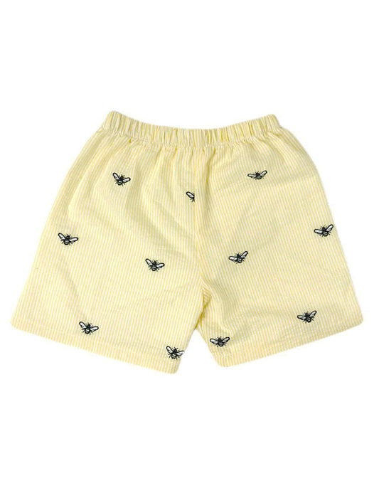 Kids Yellow Seersucker Shorts with Embroidered Honeybees