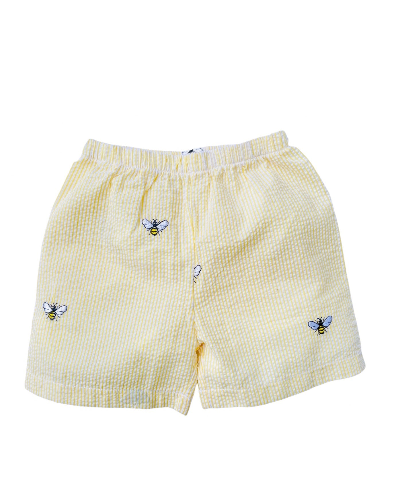 Kids Yellow Seersucker Shorts with Embroidered Honeybees