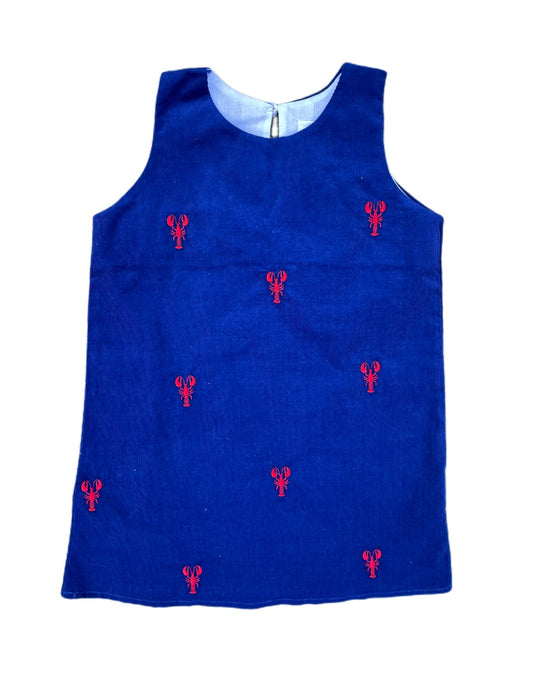 Navy Corduroy Jumper Dress with Red Embroidered Lobsters