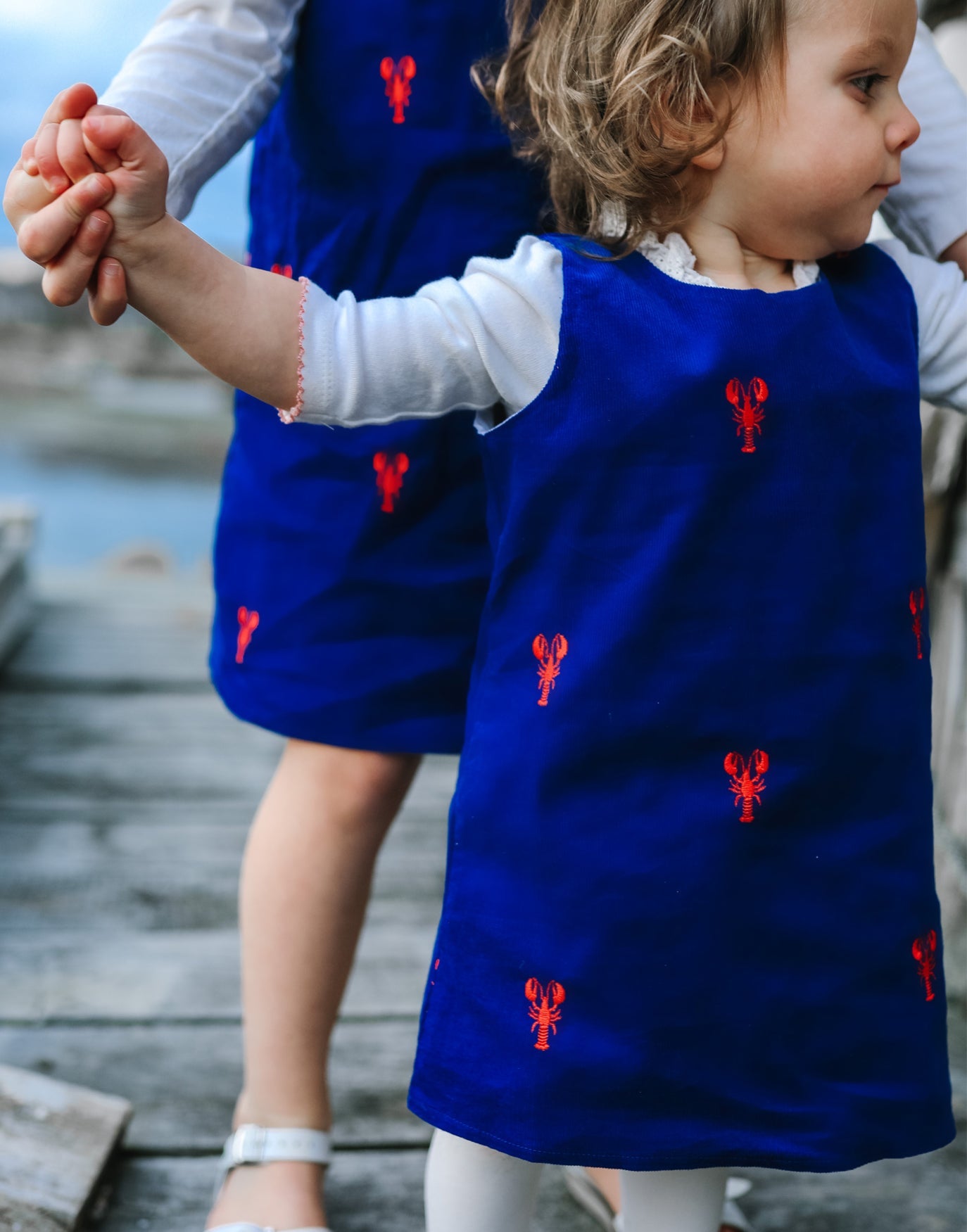 Navy Corduroy Jumper Dress with Red Embroidered Lobsters