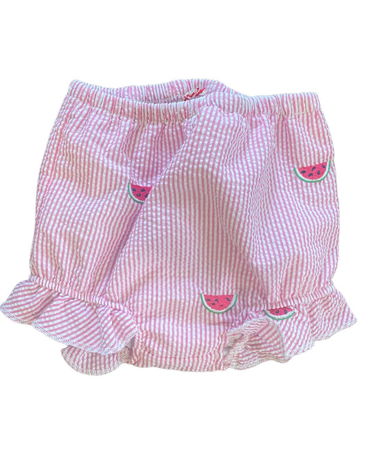 Pink Seersucker Baby Bloomers with Embroidered Watermelons