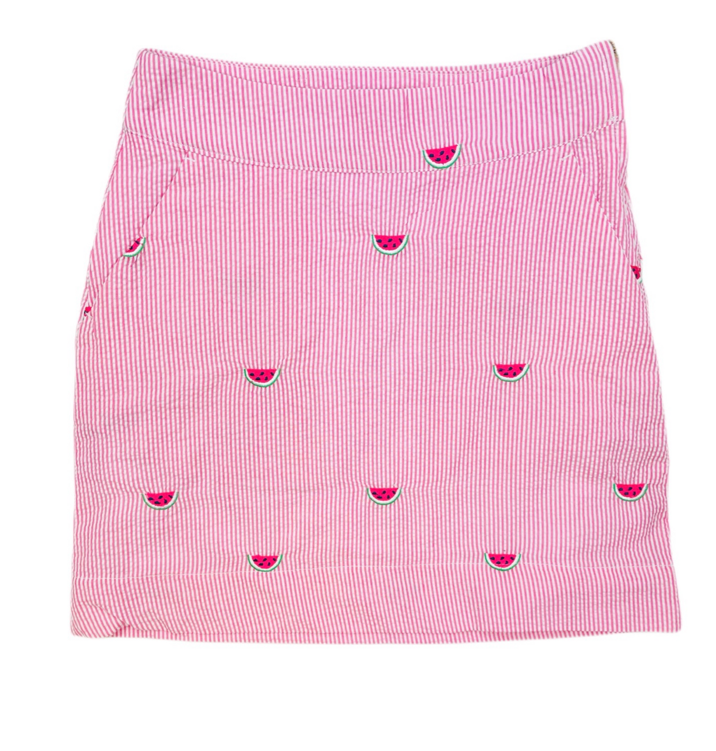 Pink Seersucker Women's Skirt with Embroidered Watermelons
