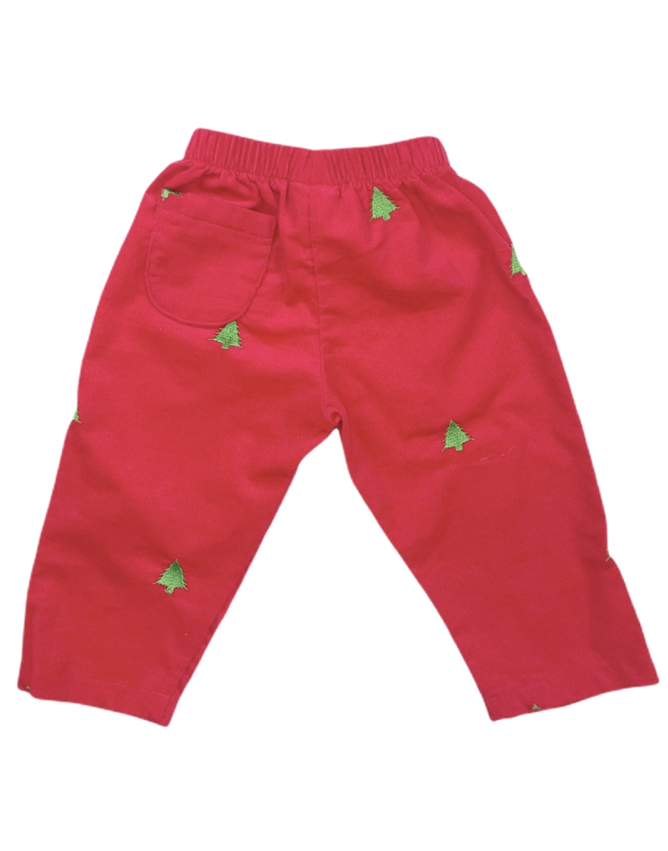 Red Corduroy Pants with Green Christmas Trees