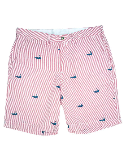 Red  Mens Seersucker Shorts with Navy Embroidered Nantuckets
