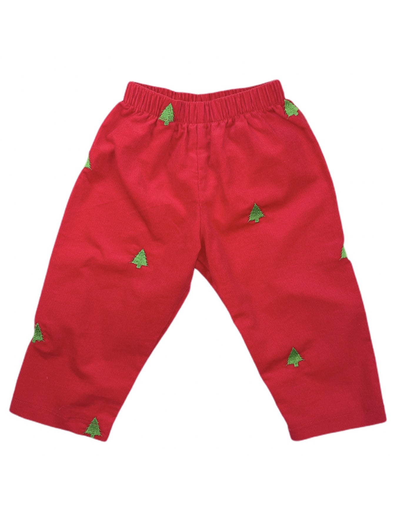 Red Corduroy Pants with Green Christmas Trees