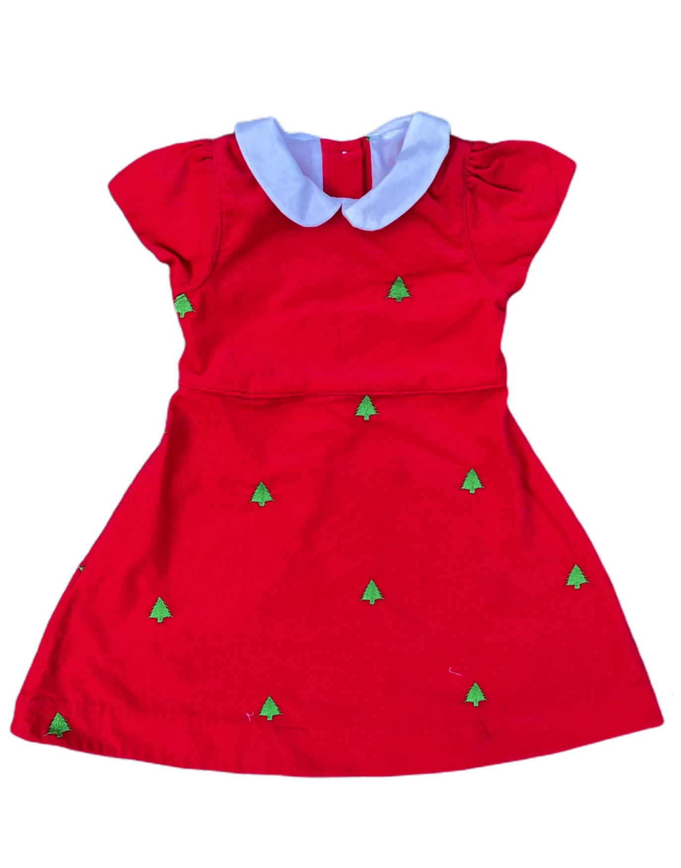 Red Corduroy with Green Embroidered Christmas Trees Peter Pan Collar Dress