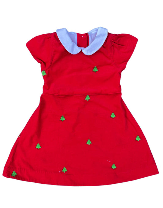 Red Corduroy with Green Embroidered Christmas Trees Peter Pan Collar Dress