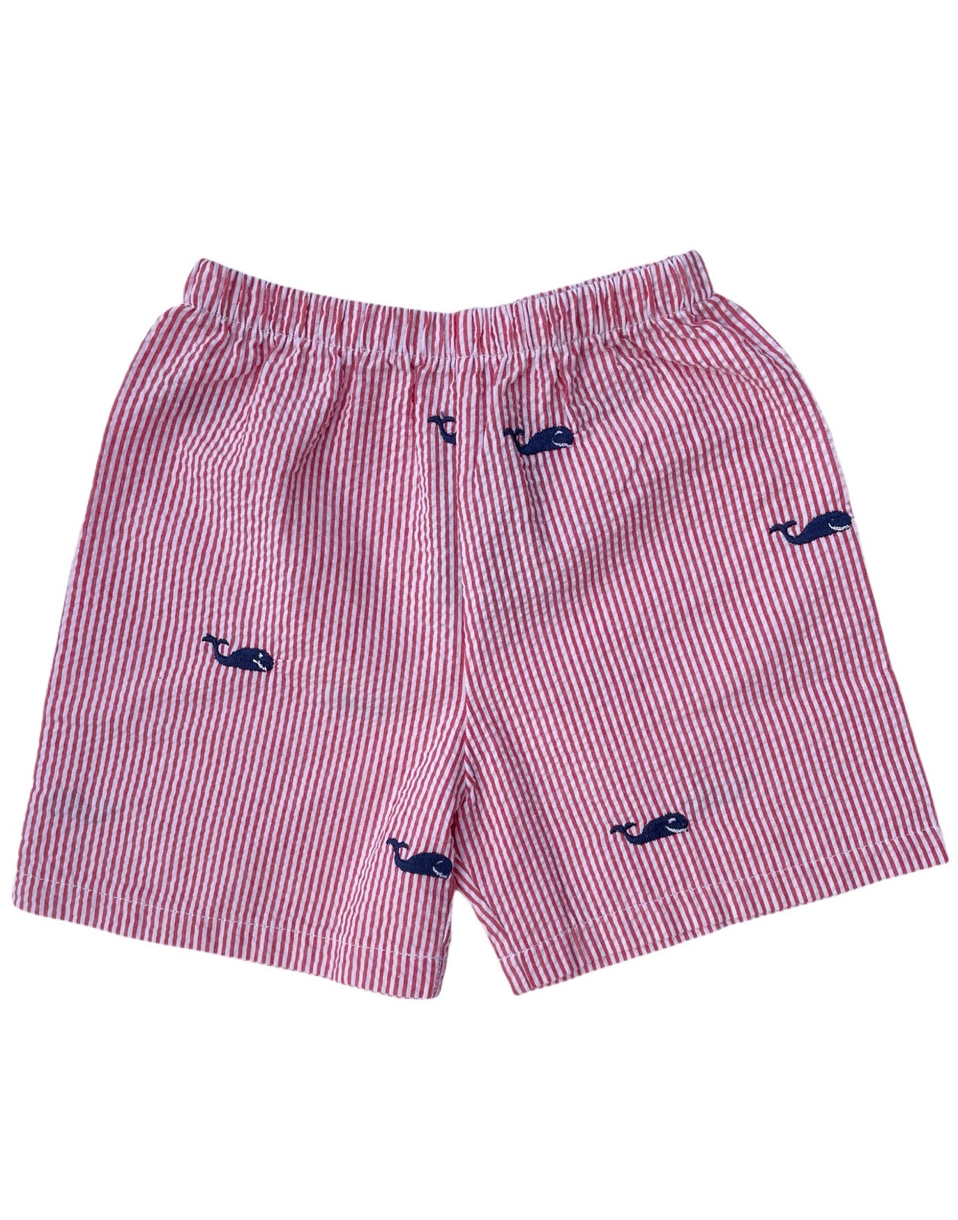 Red Kids Seersucker Shorts with Navy Embroidered Whales