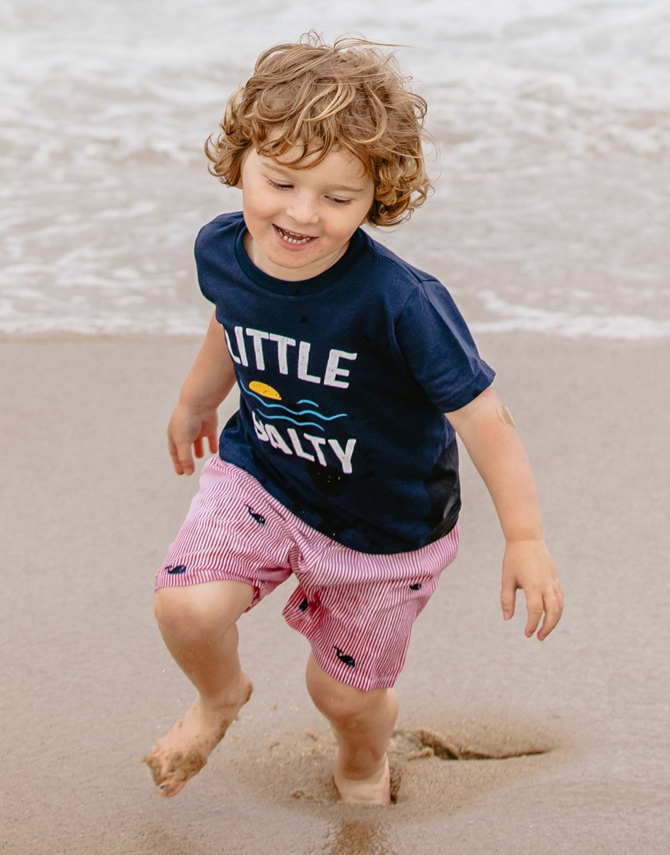 Red Kids Seersucker Shorts with Navy Embroidered Whales