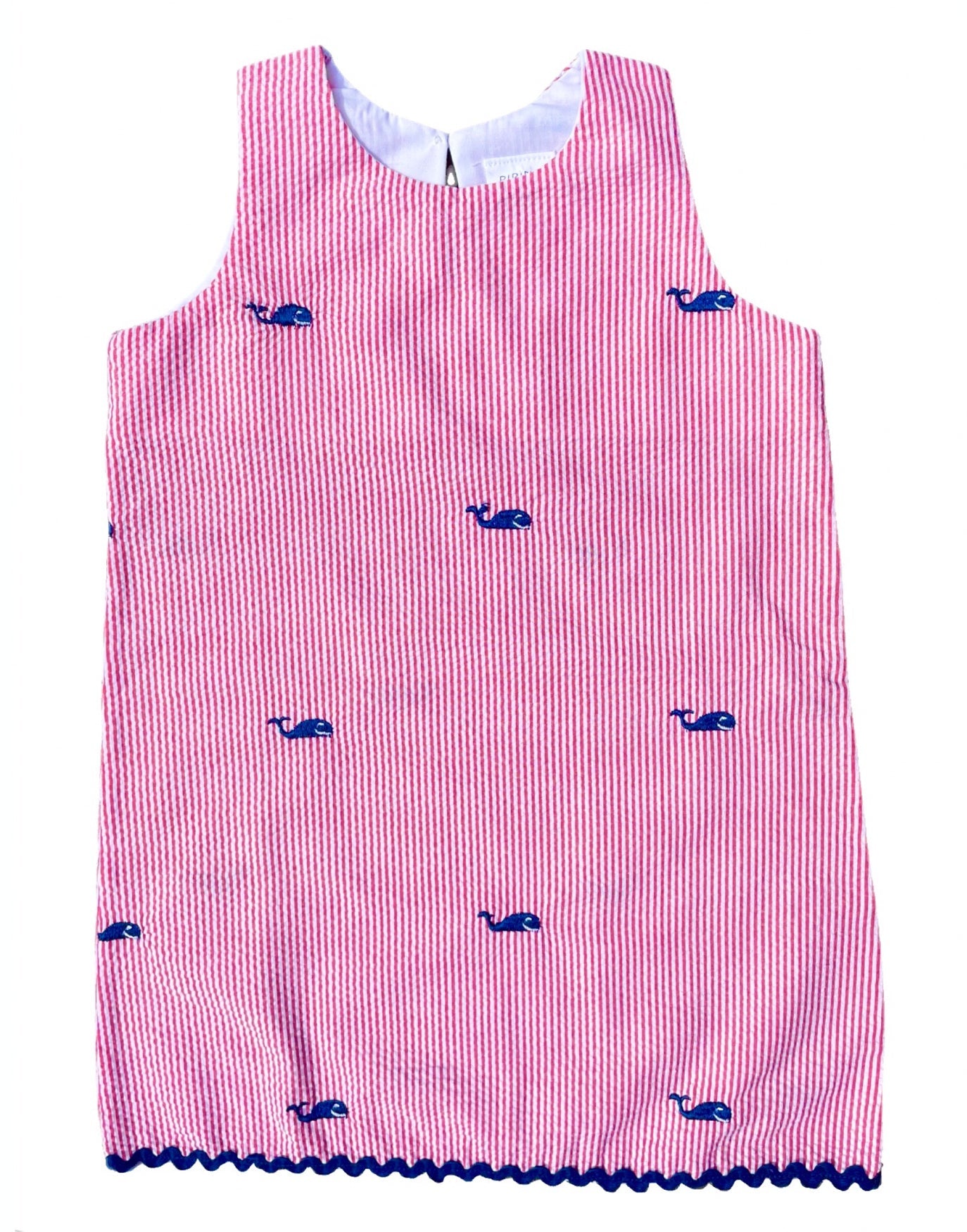 Red Seersucker Dress with Navy Embroidered Whales