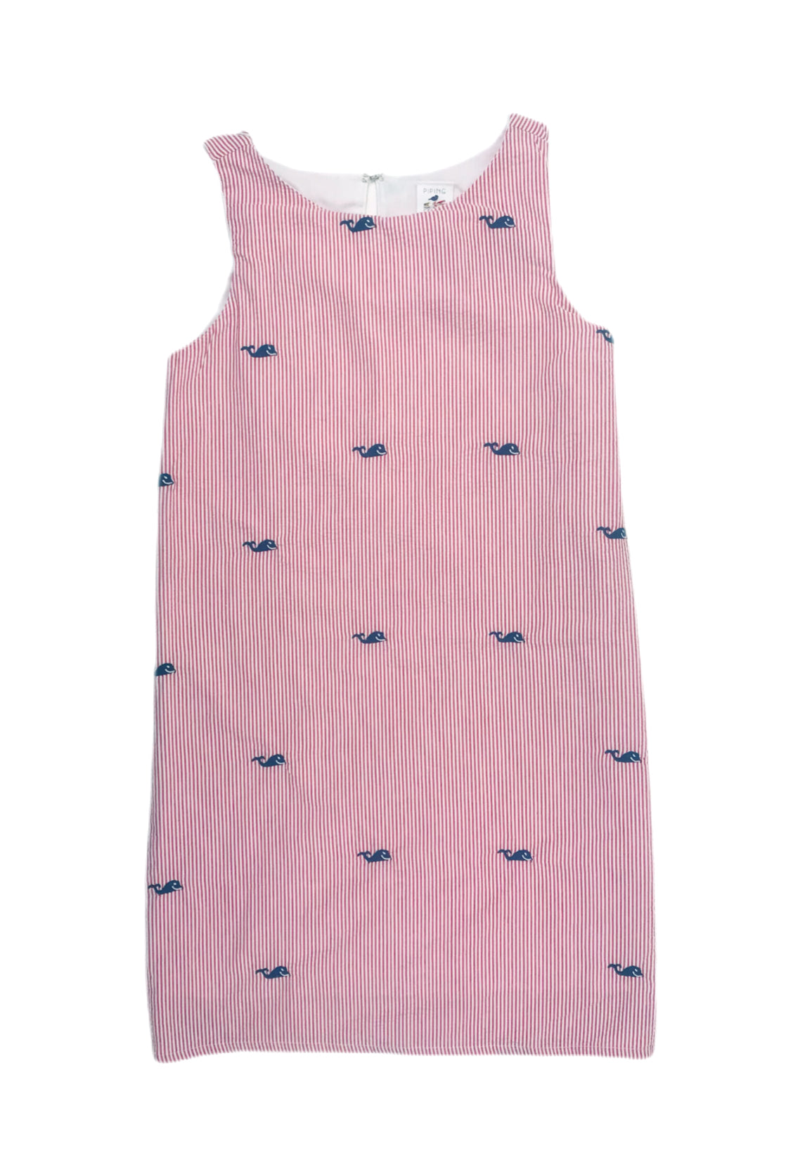 Red Seersucker Women's Dress with Navy Embroidered Whales