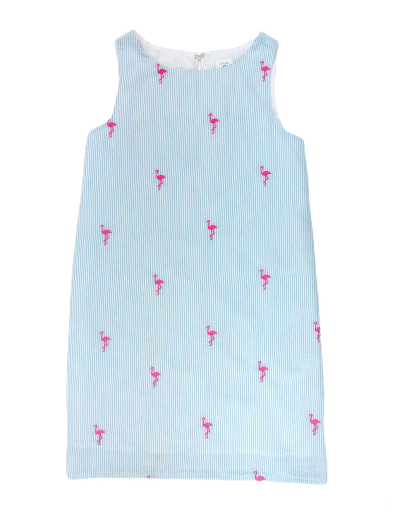 Turquoise Seersucker Women's Dress with Pink Embroidered Flamingos