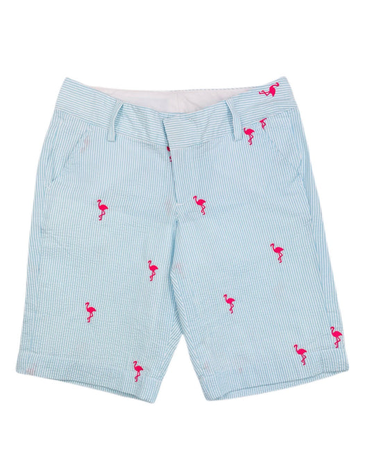 Turquoise Women's Seersucker Bermuda Shorts with Pink Embroidered Flamingos