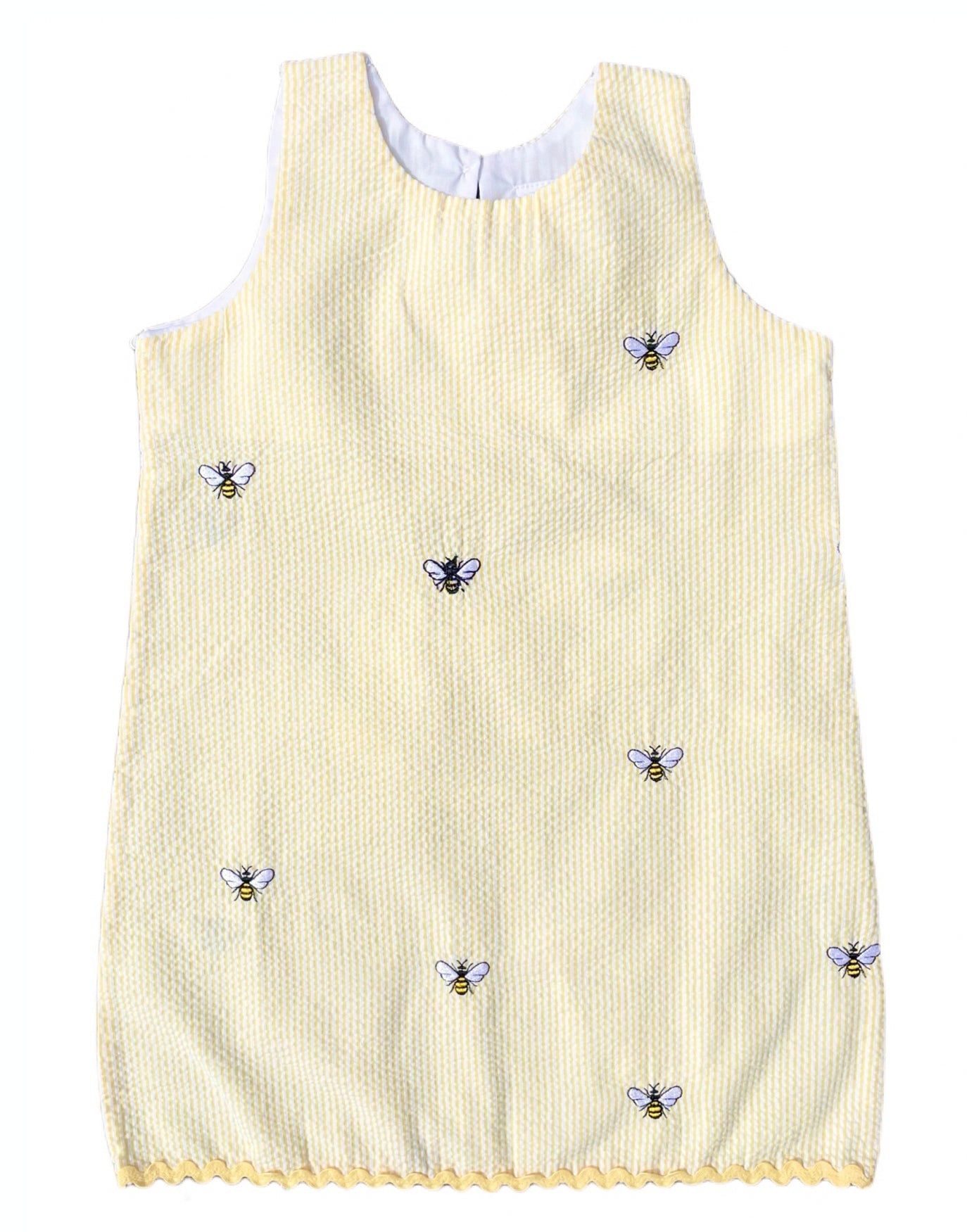 Yellow Seersucker Girls Dress with Embroidered Bees