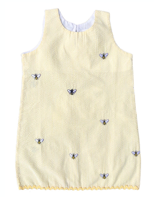 Yellow Seersucker Girls Dress with Embroidered Bees