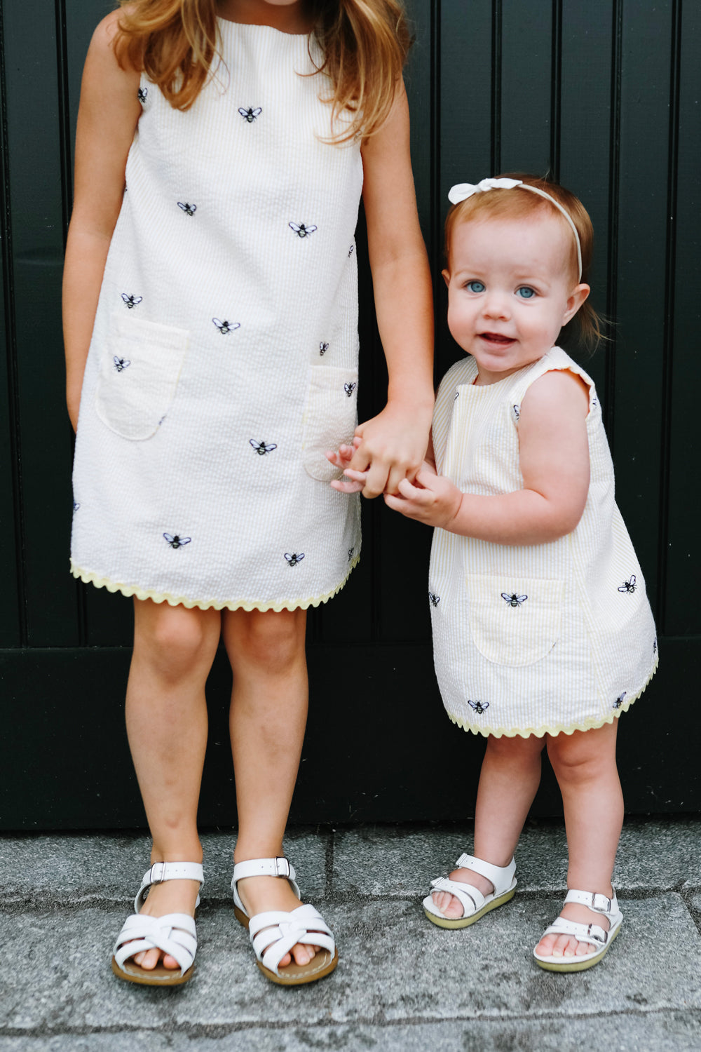 Yellow Seersucker Girls Dress with Embroidered Bees