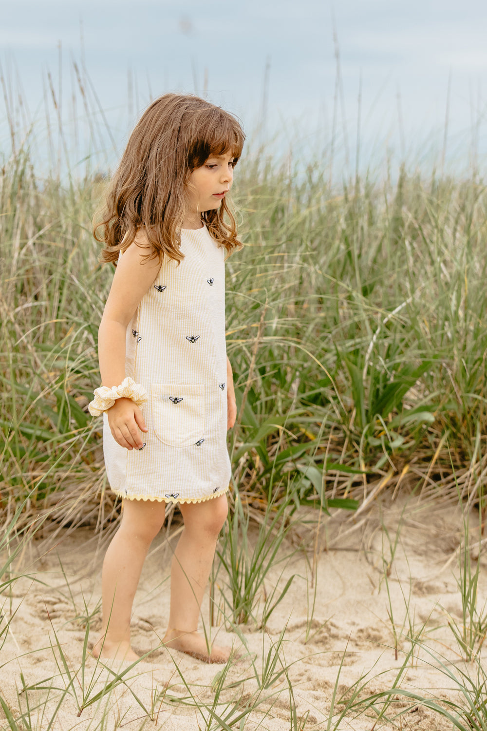 Yellow Seersucker Girls Dress with Embroidered Bees