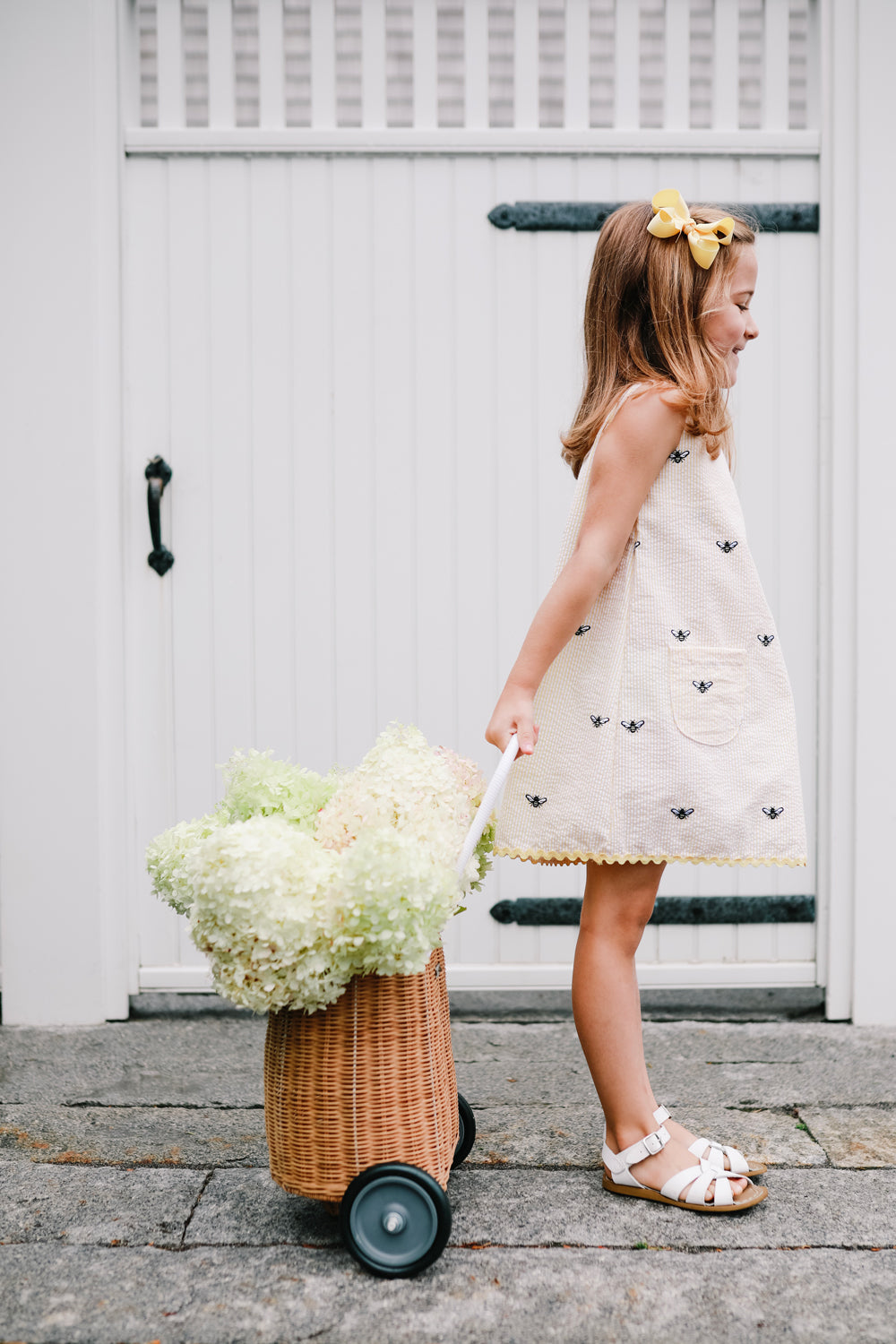 Yellow Seersucker Girls Dress with Embroidered Bees