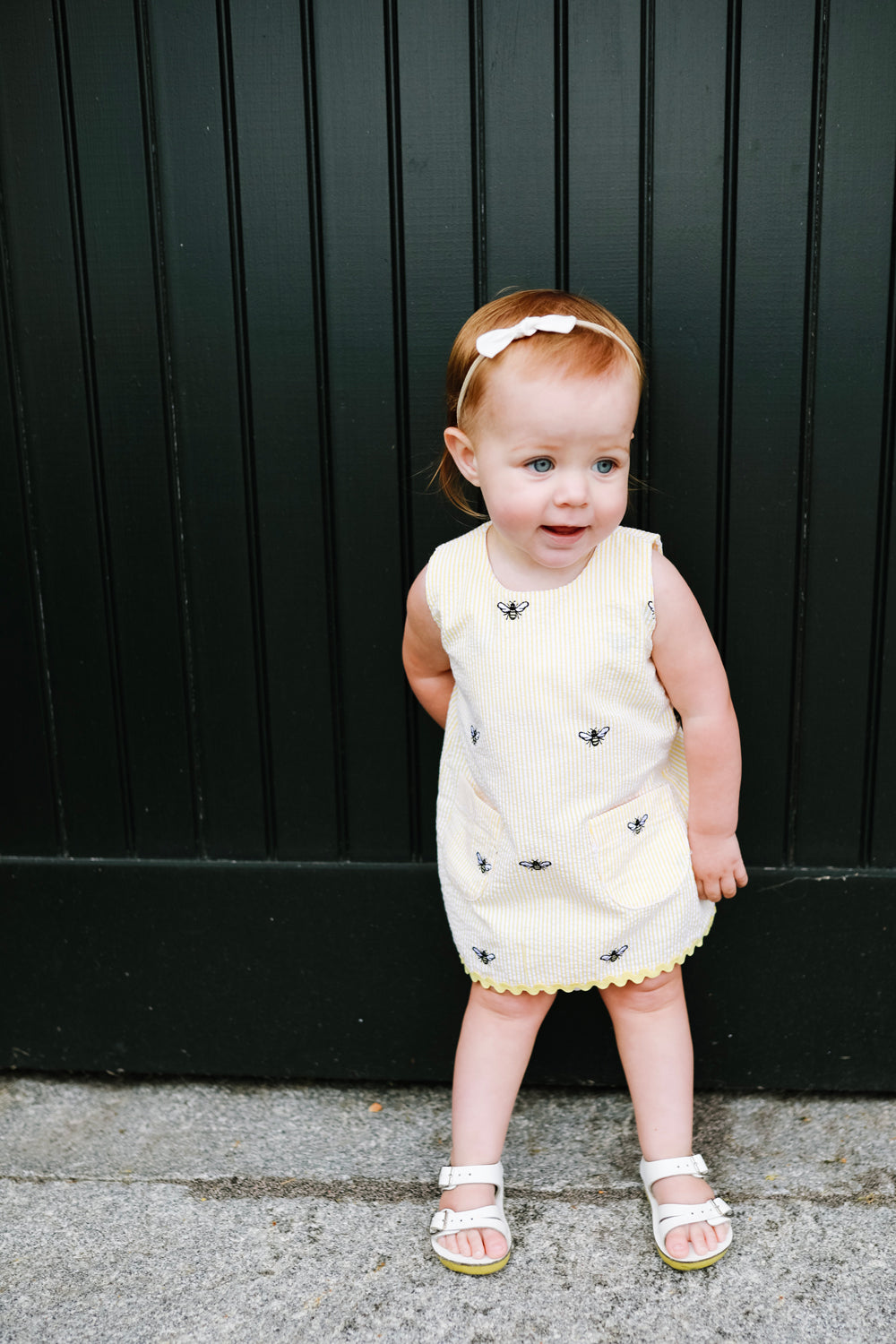 Yellow Seersucker Girls Dress with Embroidered Bees