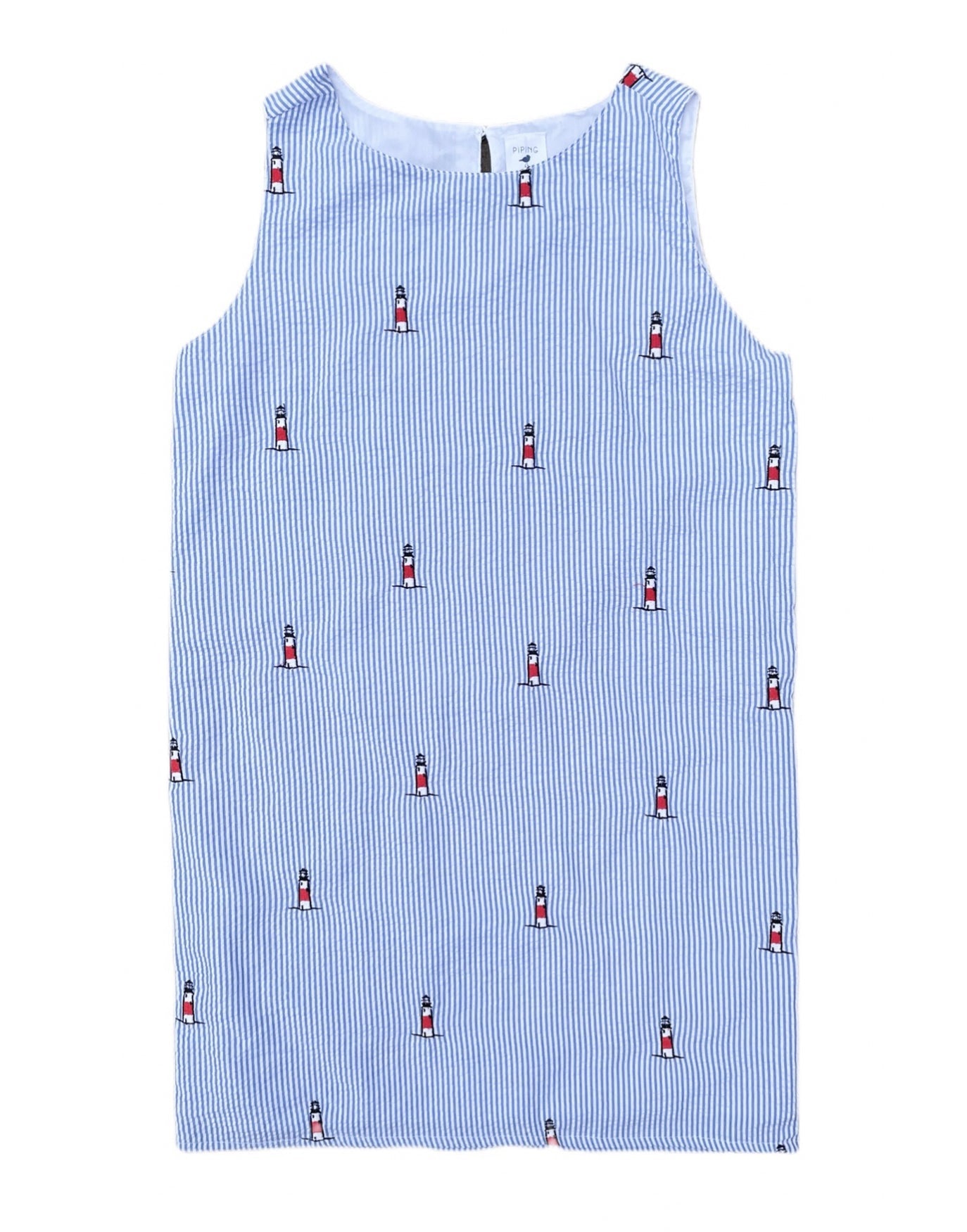 Blue Seersucker Women's Dress with Embroidered Lighthouses
