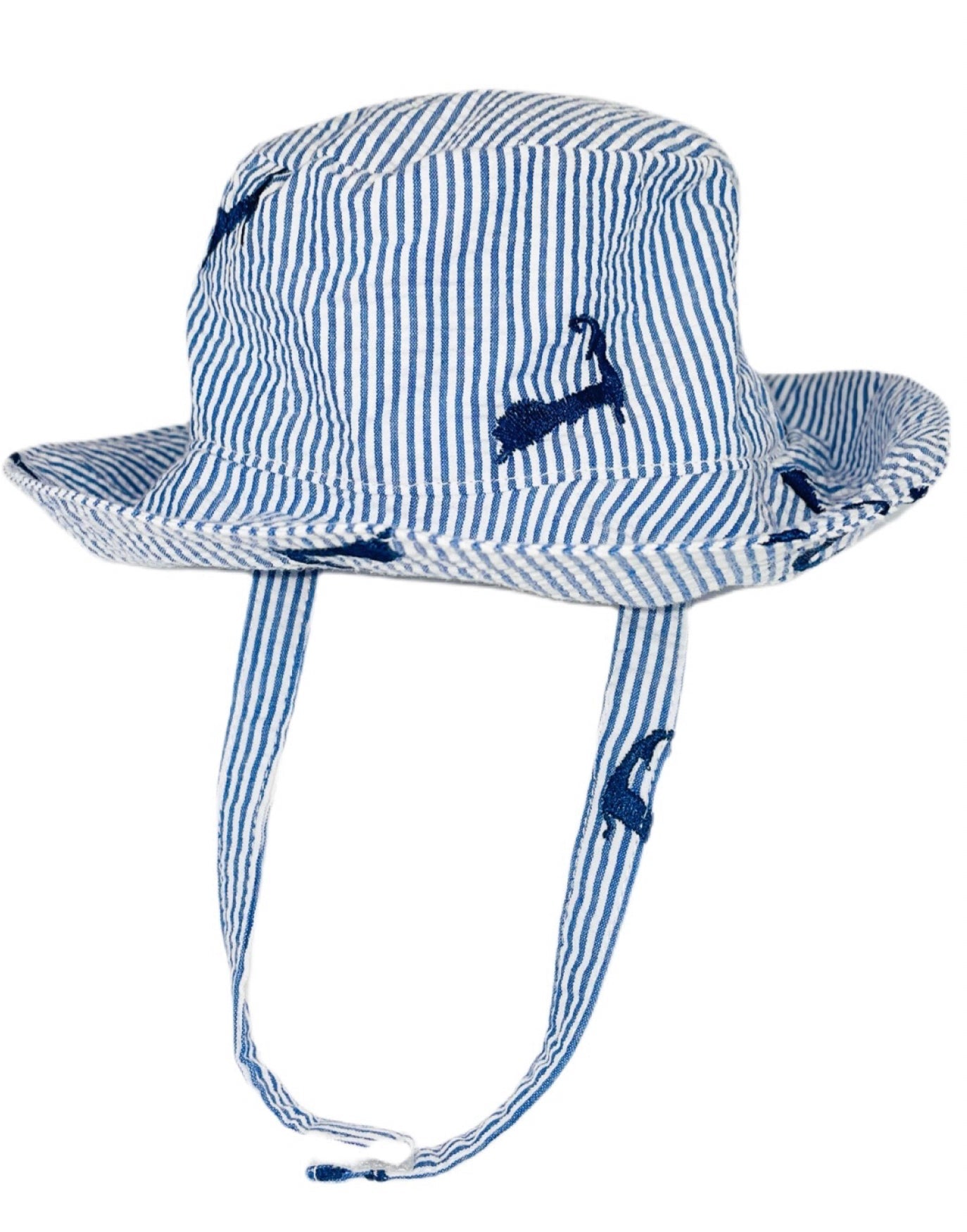 Blue Seersucker with Navy Embroidered Cape Cods Baby Bucket Hat