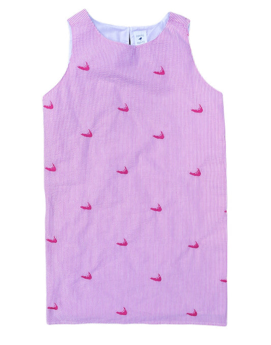 Pink Seersucker Women's Dress with Pink Embroidered Nantuckets