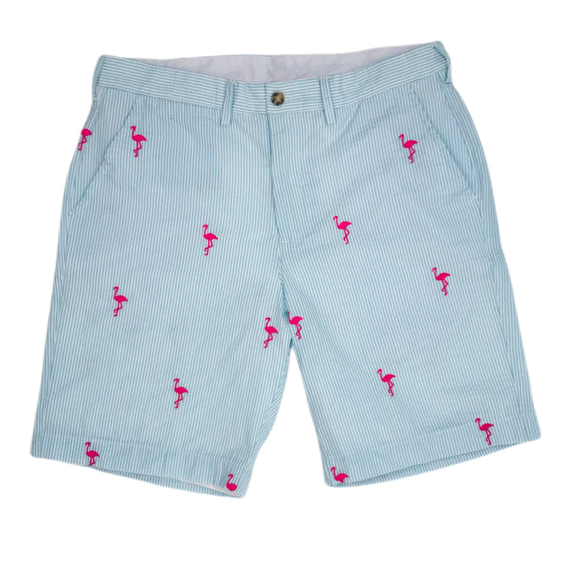 Turquoise Mens Seersucker Shorts with Pink Embroidered Flamingos
