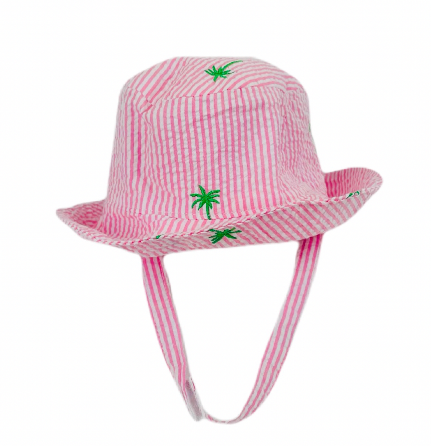 Pink Seersucker with Green Embroidered Palm Trees Baby Bucket Hat