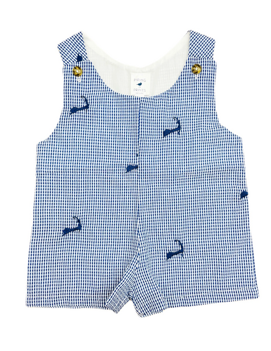 Blue Gingham Check Seersucker Baby Romper with Navy Embroidered Cape Cods