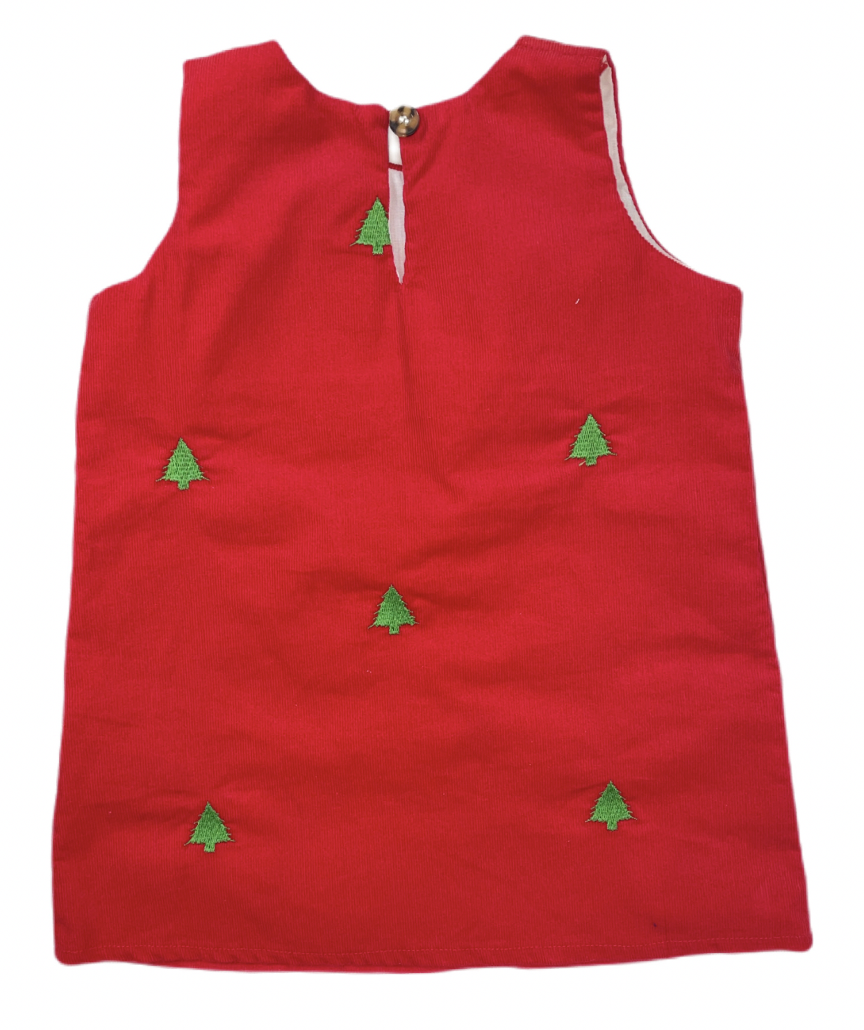 Red Corduroy Jumper Dress with Green Christmas Trees