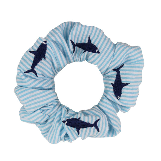 Turquoise Seersucker with Navy Sharks Scrunchie