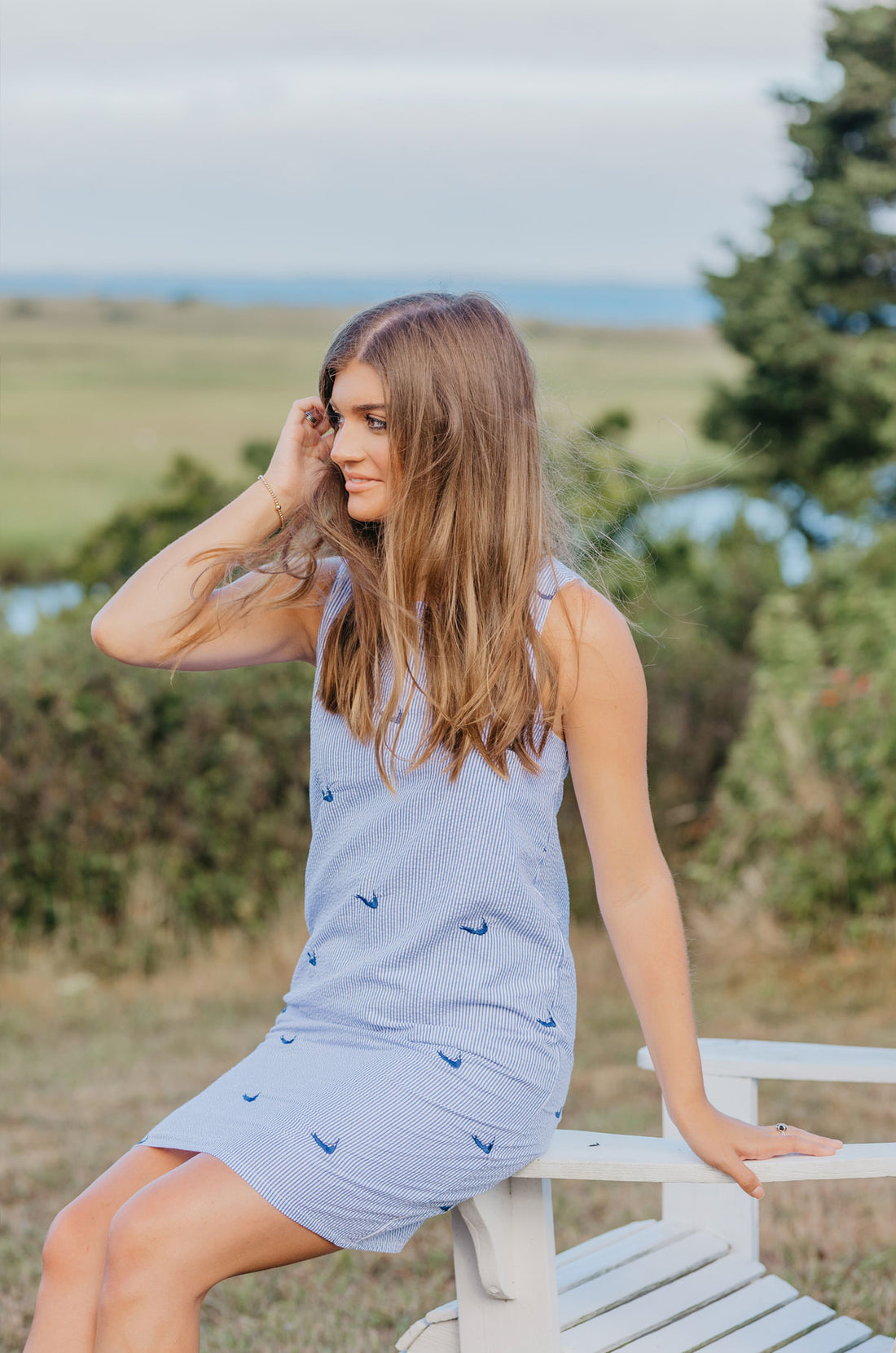 Blue Seersucker Women's Dress with Navy Embroidered Nantuckets – Piping