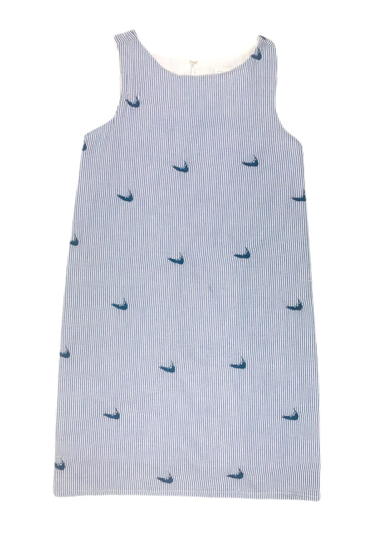 Blue Seersucker Women's Dress with Navy Embroidered Nantuckets