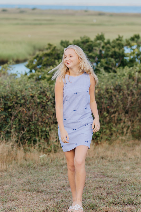 Blue Seersucker Women's Dress with Navy Embroidered Nantuckets