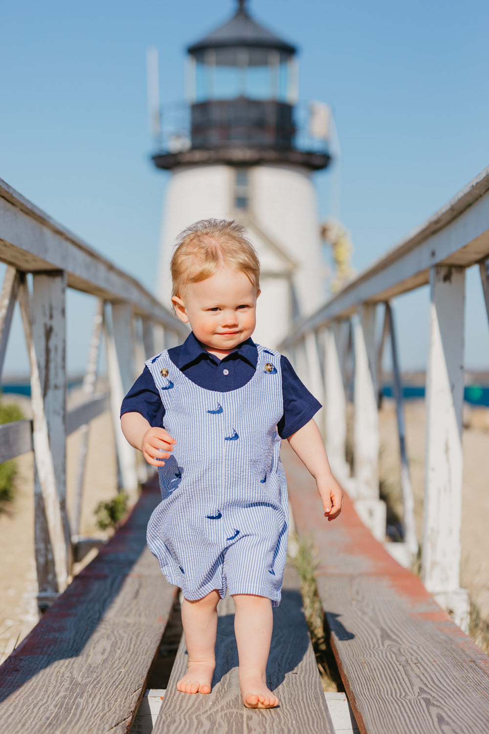 Blue Seersucker Baby Romper with Navy Embroidered Nantuckets