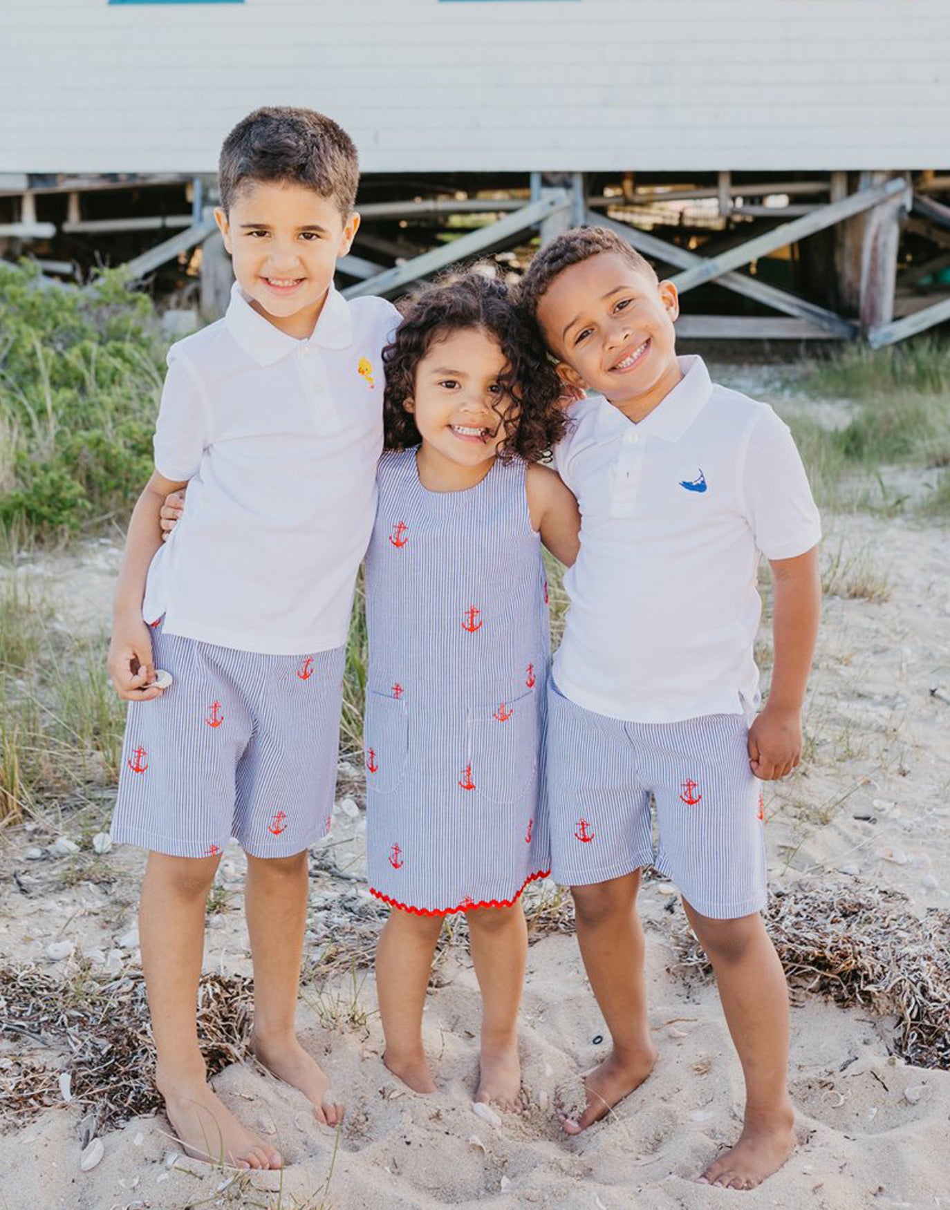 Navy Kids Seersucker Shorts with Red Embroidered Anchors