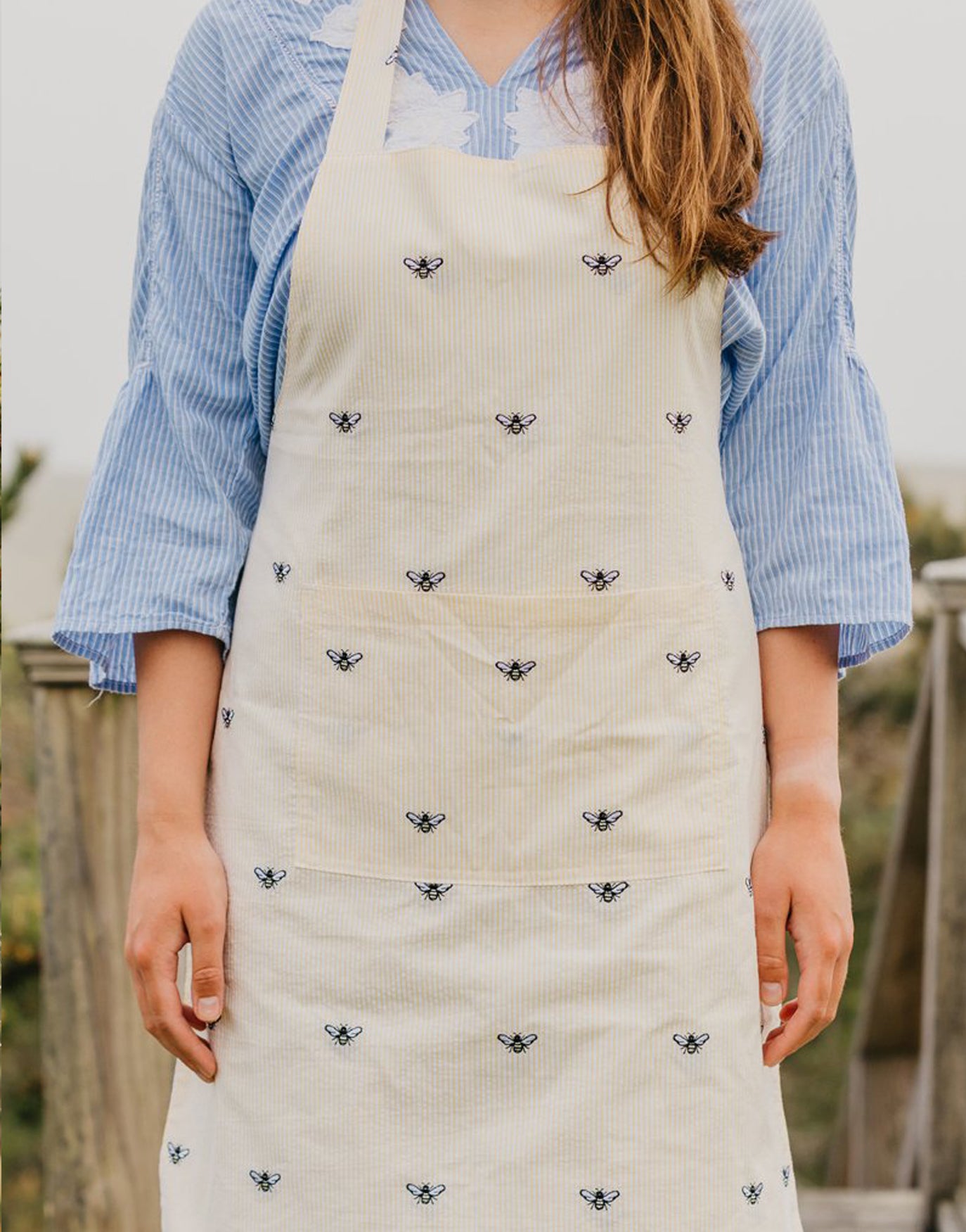 Yellow Seersucker Apron with Embroidered Bees